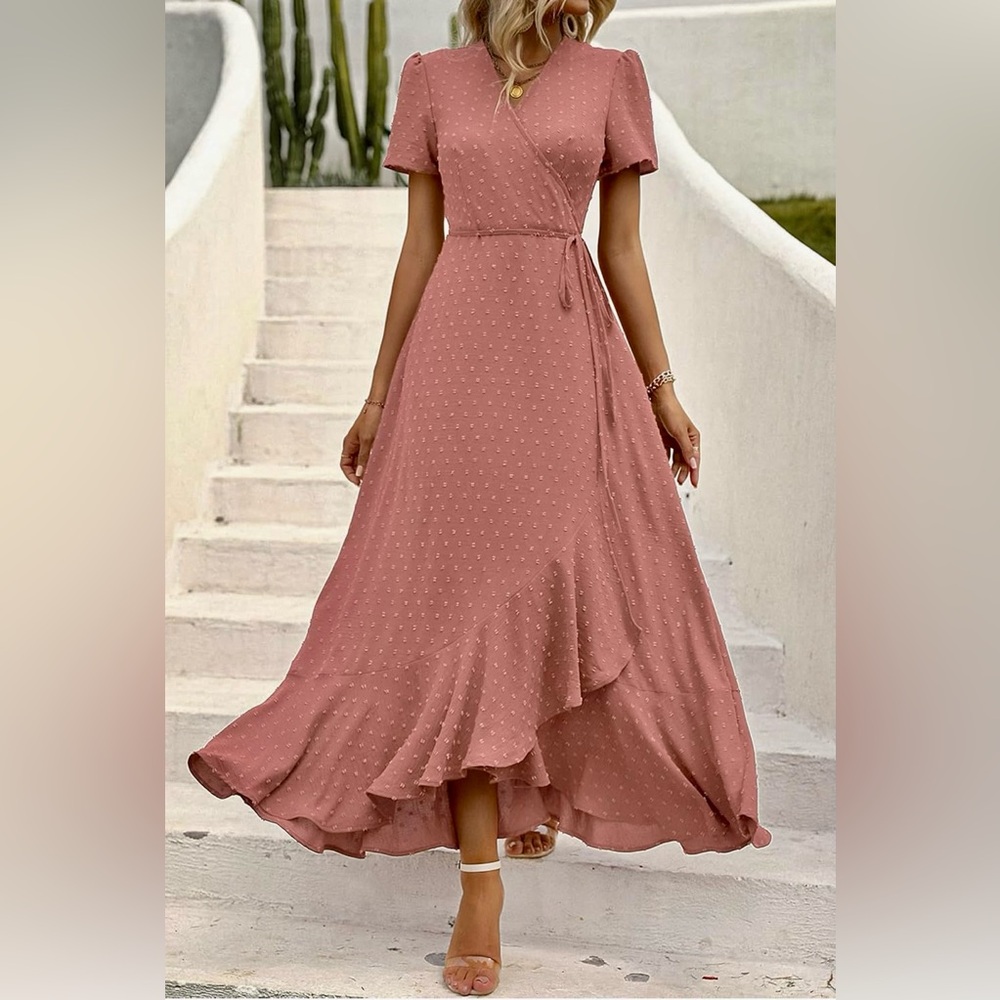 NWT Pretty Garden true wrap style tie front mauve boho flowy midi dress